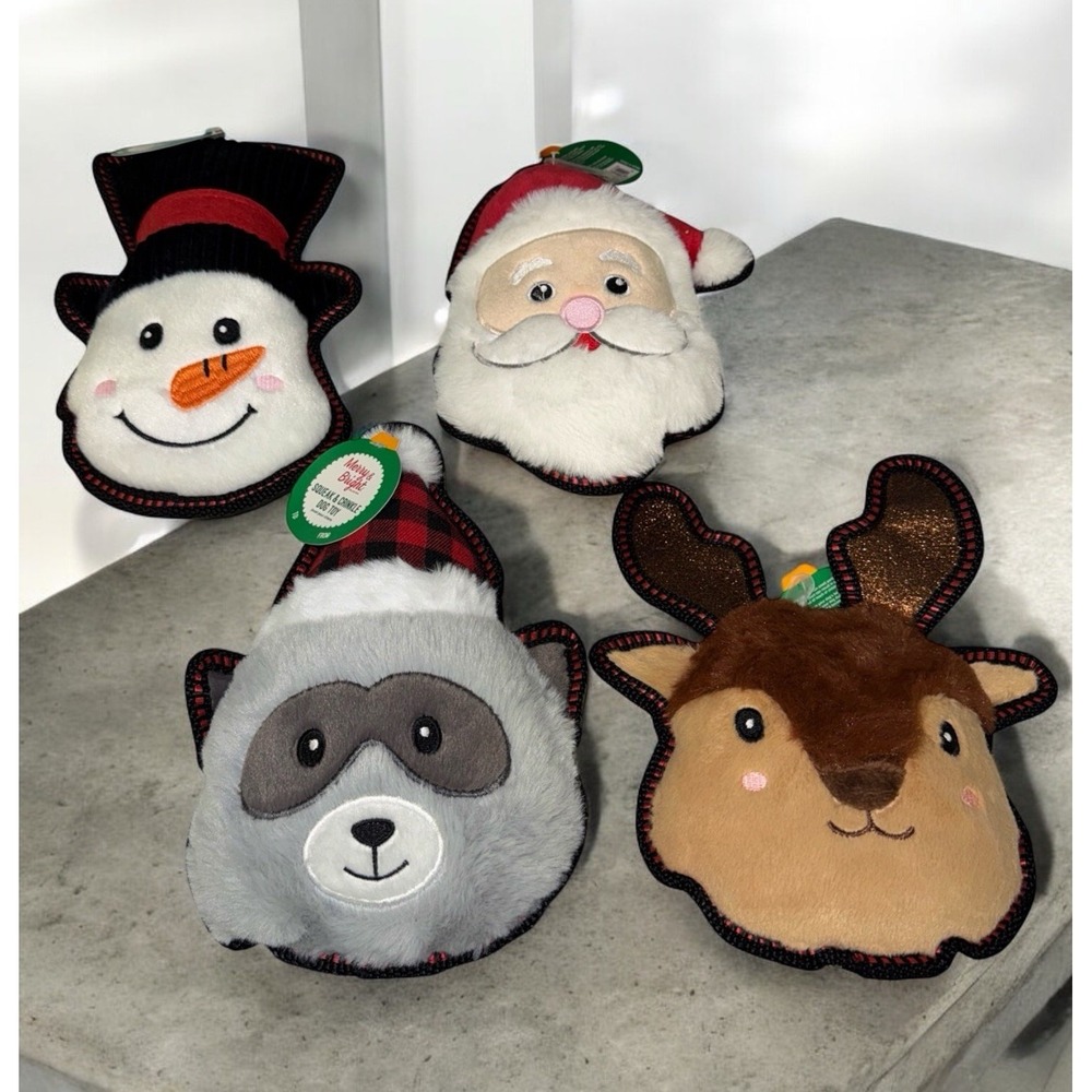 Lot Of 4 Merry & Bright Crinkle Santa Raccoon Reindeer Snowman Squeaker Dog Toys